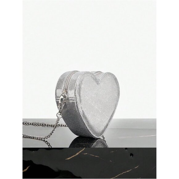 Women's Mini Heart Purse Crossbody Bag Zipper Chain Silver Evening Gift - Picture 2 of 6